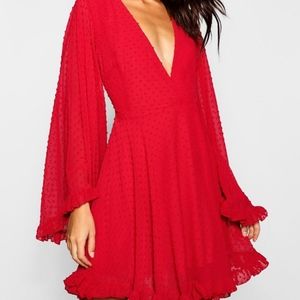 Boohoo Dobby Chiffon Wide Sleeve Skater Dress